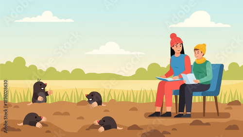 Two people sit on a bench while moles pop out of the ground
