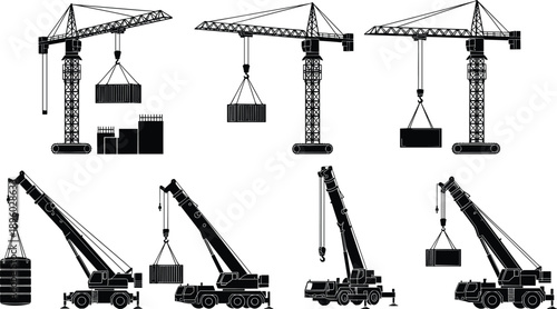 Construction crane silhouette set showing tower and mobile cranes lifting heavy loads, industrial building equipment isolated on white background