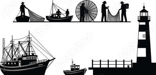 Commercial fishing silhouettes set with fishermen, boats, nets, lighthouse and harbor scenes, traditional fishing industry illustration isolated on white