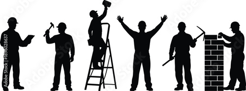Construction workers silhouettes set showing builders using tools, ladder work and bricklaying, industrial labor professions isolated on white background