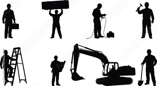 Construction worker silhouette set showing laborers, builders, engineers, and heavy machinery operators working on industrial job site