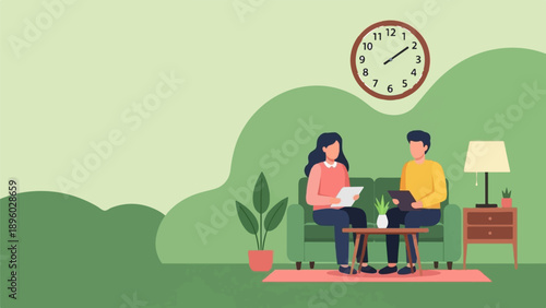 Two people sit on a couch in a room, discussing documents, a clock on the wall