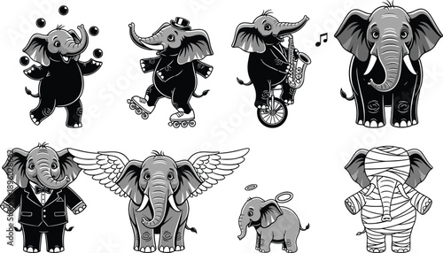 Cute cartoon elephant character collection showing playful actions, circus tricks, music, costumes, and expressive poses in detailed black and white vector style