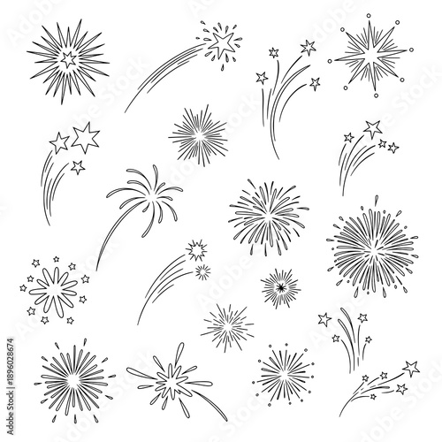 Hand-drawn fireworks vector collection doodle bursts isolated on white