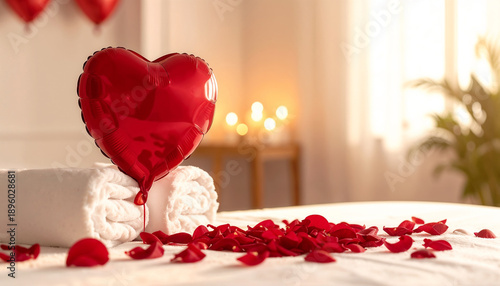 Romantic spa setting with red heart balloon and rose petals on massage table