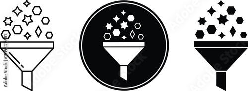 Data filter funnel icon set illustrating information processing, analytics sorting, conversion flow, and digital data management in black and white vector style