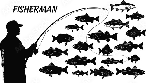 Fisherman silhouette casting fishing rod with school of fish, professional angling concept illustration isolated on white background