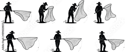 Fisherman casting net silhouettes illustrating traditional fishing techniques, net throwing sequence, rural livelihood, and coastal activity in black vector style