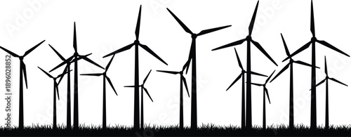 Wind turbine farm silhouette isolated on white background, renewable energy concept showing clean power, sustainable electricity generation, green technology, eco friendly environmental industry 