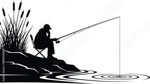 Fisherman silhouette sitting on riverbank with fishing rod, peaceful angling scene illustration isolated on white background
