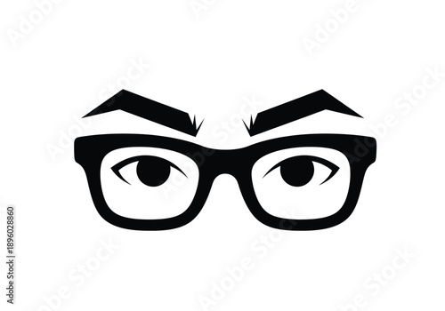 Stylized black and white illustration of eyes wearing glasses with distinct eyebrows