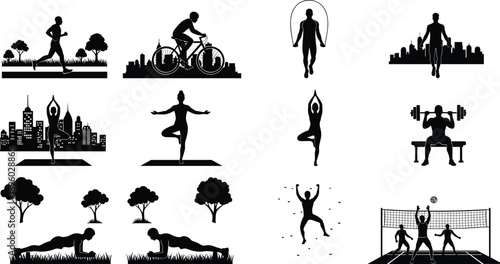 Fitness and healthy lifestyle silhouettes showing running, cycling, yoga, strength training, jumping rope, outdoor exercise, and sports activities in black vector set