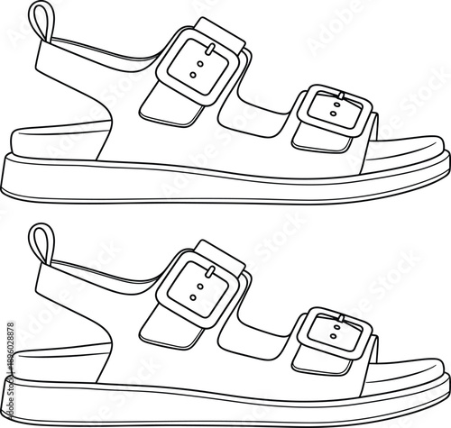 Flat sandals line art illustration set with buckle straps, casual summer footwear outline design isolated on white background