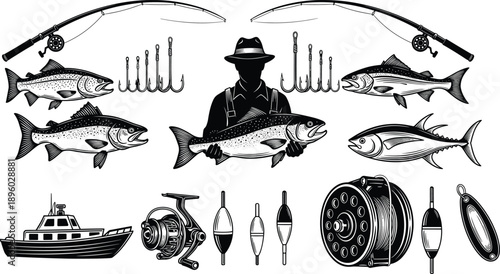 Fishing equipment and fisherman silhouette set with rods, fish, hooks, reels, boat and tackle elements, vintage fishing illustration isolated