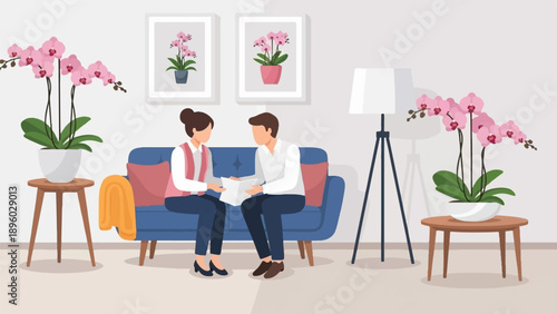 Two people sit on a sofa discussing documents, surrounded by plants