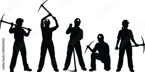 Silhouettes of miners working with pickaxes showing teamwork, labor, industry, construction, mining workforce concept isolated on white background vector illustration industrial safety equipment