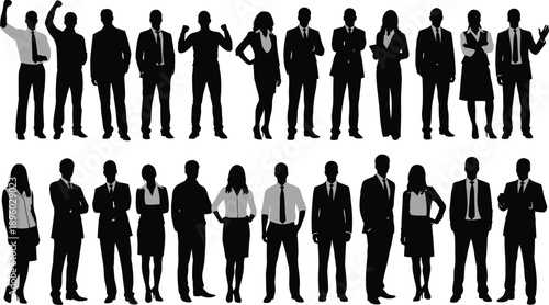 Business people silhouettes set showing diverse professional men and women standing in formal poses, teamwork, leadership, corporate workforce concept, isolated vector illustration