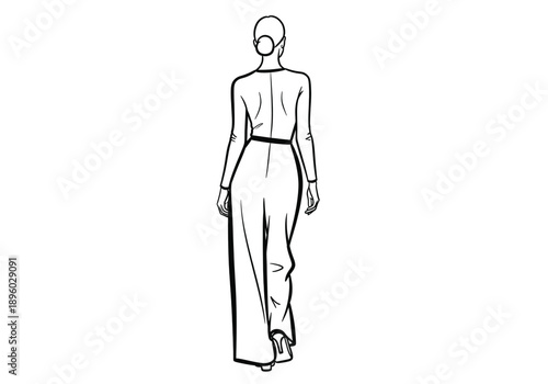 Minimalist back view line art illustration of a woman walking in a stylish jumpsuit