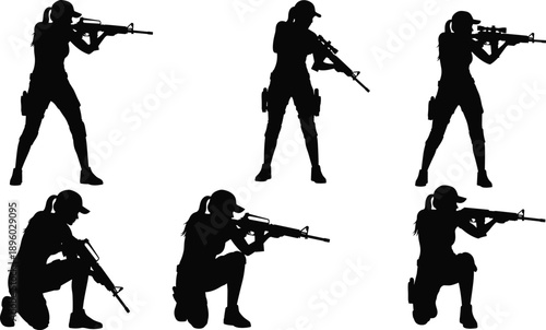 Set of black female soldier silhouettes in various tactical shooting poses with assault rifles for military gaming, airsoft sports, army training, and security combat.