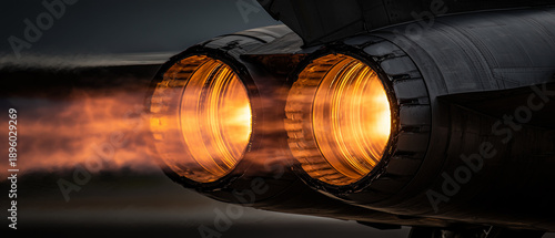 Twin jet engine exhaust pipes glowing with heat on aircraft at night technology minimal