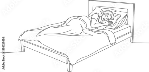 Funny cartoon illustration of a relaxed young woman in a white dress and a sleepy boy drawing on a sofa in a bedroom