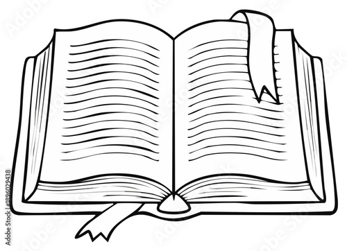 Open book illustration with bookmark showing pages filled with writing lines, study and library concepts.