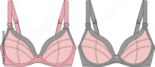 Women bra technical flat illustration, color variations front view, CAD lingerie fashion drawing, underwear apparel vector design template