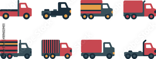 Delivery truck illustration set, various cargo vehicles and transport trucks isolated on white background, logistics transportation flat vector icons