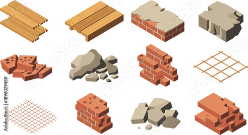 Construction materials illustration set, wood planks bricks stones concrete blocks metal mesh isolated on white background, flat vector icons collection