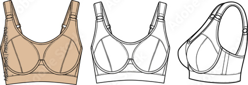 Women supportive bra technical flat illustration, front and side views, CAD lingerie fashion drawing, underwear apparel design, vector line art template