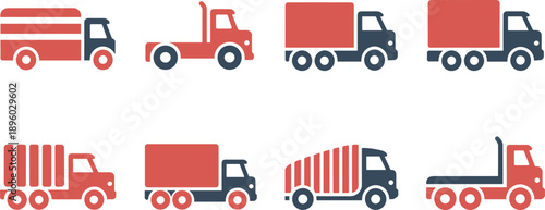Truck icon set illustration, different cargo delivery vehicles isolated on white background, logistics transportation flat vector symbols collection