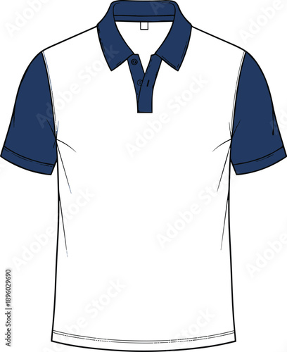 Men polo shirt technical sketch, front view CAD fashion flat drawing, short sleeve apparel vector illustration for clothing design template