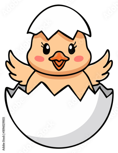 Cute baby chick hatching from a white eggshell illustration for spring and new beginnings
