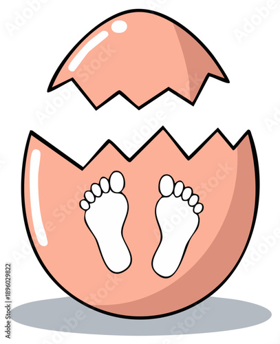 Pink cracked egg with baby feet inside symbolizing new life and birth illustration