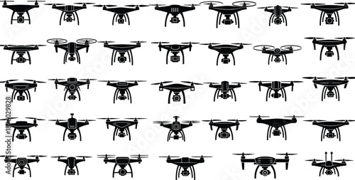 Drone silhouettes collection, multiple quadcopter models, aerial technology icons set, unmanned aircraft vector illustration, flying camera drone shapes, isolated black design elements