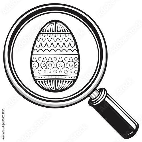 Magnifying glass examining decorative Easter egg pattern, line art illustration