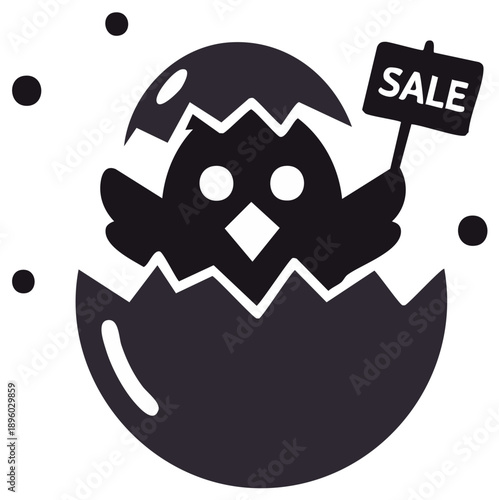 Cartoon chick hatching from egg, holding a sign that says sale.