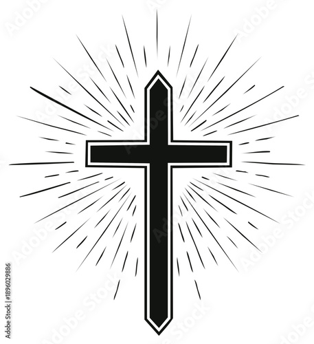 Christian cross with radiating light bursts symbolizing faith and divine presence