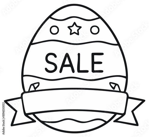 Festive Easter egg line art with SALE word and decorative ribbon for holiday promotions