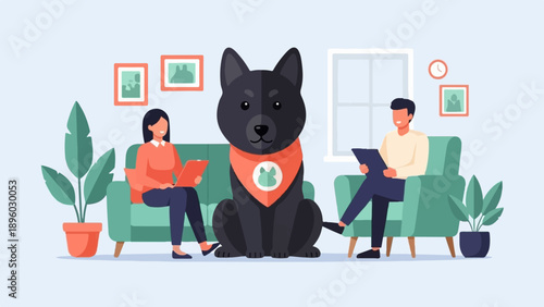 Two people sit on sofas, a large dog between them, in a room