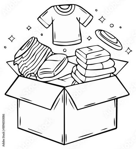 Cartoon illustration of a box filled with clothing items and a frisbee