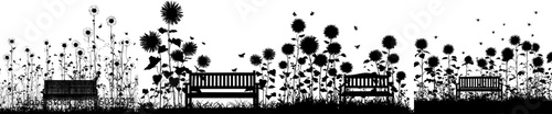 Serene Solitude in the Sunflower Field: A Silhouette of a Bench Amidst Tall Sunflowers and a Singing Bird