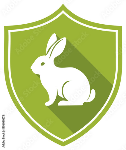 White rabbit in green shield icon with long shadow symbolizing cruelty free and animal friendly product protection