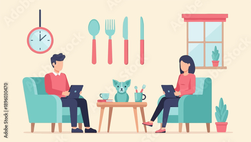 Two people sit on sofas with laptops near a table with a dog and cutlery