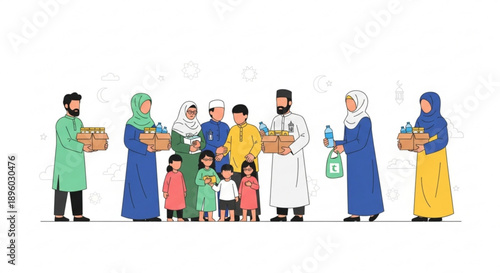 Diverse group of people from different age groups holding food and water conveying a sense of community and charity in a simple illustration