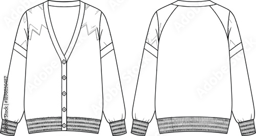 Men cardigan sweater technical sketch, front and back view, CAD fashion flat drawing, knitwear apparel vector illustration