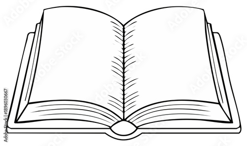 Simple black outline illustration of an open book with empty white pages for creative content