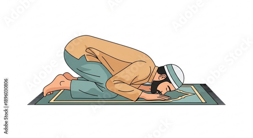 Man in prayer position on a rug reading a book muslim man in prostration