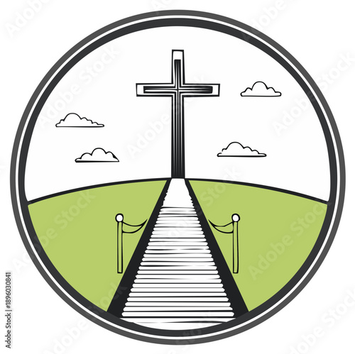 Staircase leading to a cross on a hill under a cloudy sky representing faith and spirituality