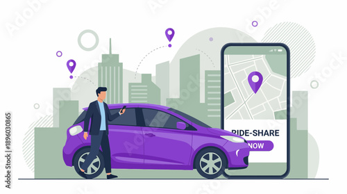 Businessman booking a ride-share via smartphone next to a purple urban car with a map display and city pins, concept for transportation service, mobility apps and urban navigation